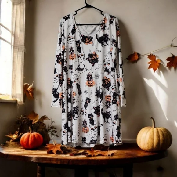 Sourpuss Black Cats Skulls Skater Long Sleeve Mini Dress Cream Size XL Halloween - Picture 2 of 2